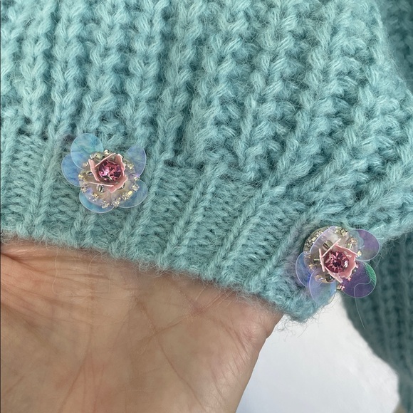 Nothing Nine NWT Blue Jeweled Wool Knit Blend Short Puff Sleeve Crop Sweater M - Picture 2 of 7